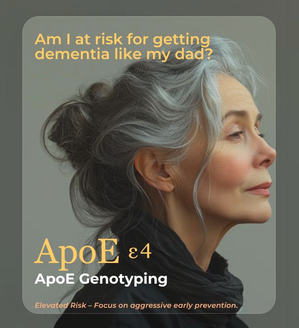 Mature woman with gray hair looking thoughtful, text overlay discussing ApoE ε4 and dementia risk.