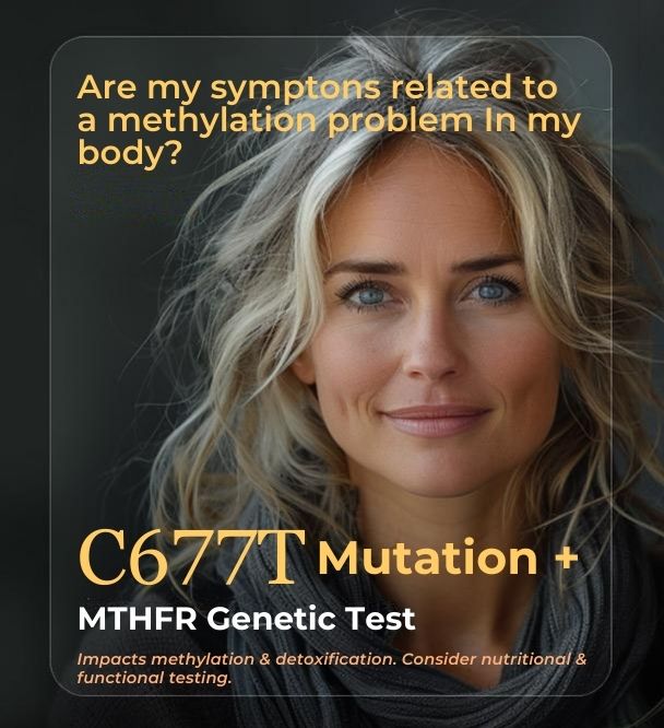 Blonde woman with a soft smile, text overlay discussing the C677T mutation and methylation problems.