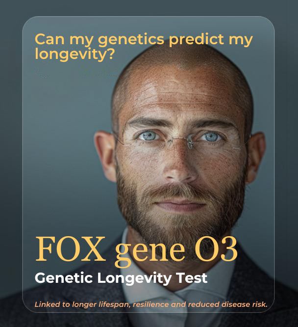 Bald man with a beard and blue eyes looking directly at the camera, text overlay about longevity genetics.