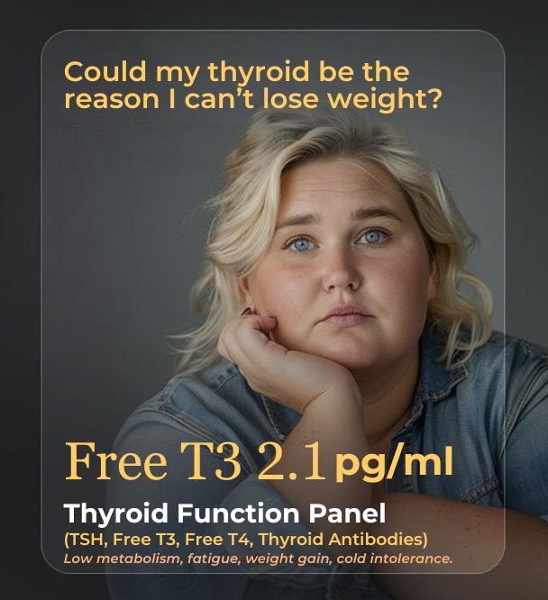 Plus-sized woman with blonde hair resting her chin on her hand, text overlay about thyroid function.