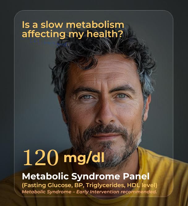 Man with curly dark hair wearing a yellow shirt, text overlay about slow metabolism.